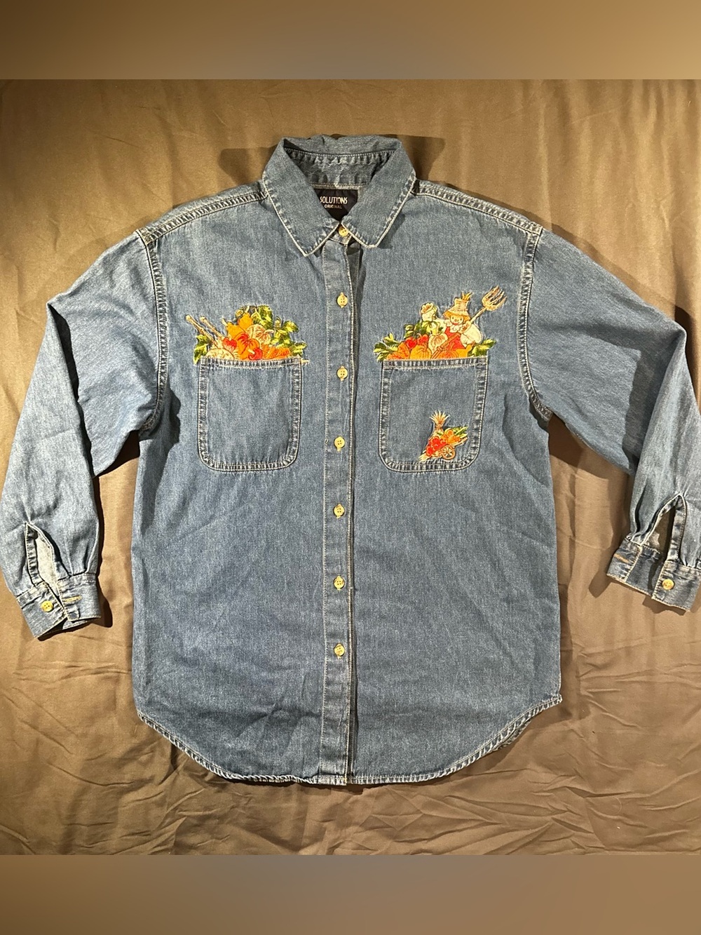 VTG Solutions Original Fall Harvest Embroidered Denim Button Up Shirt Size S